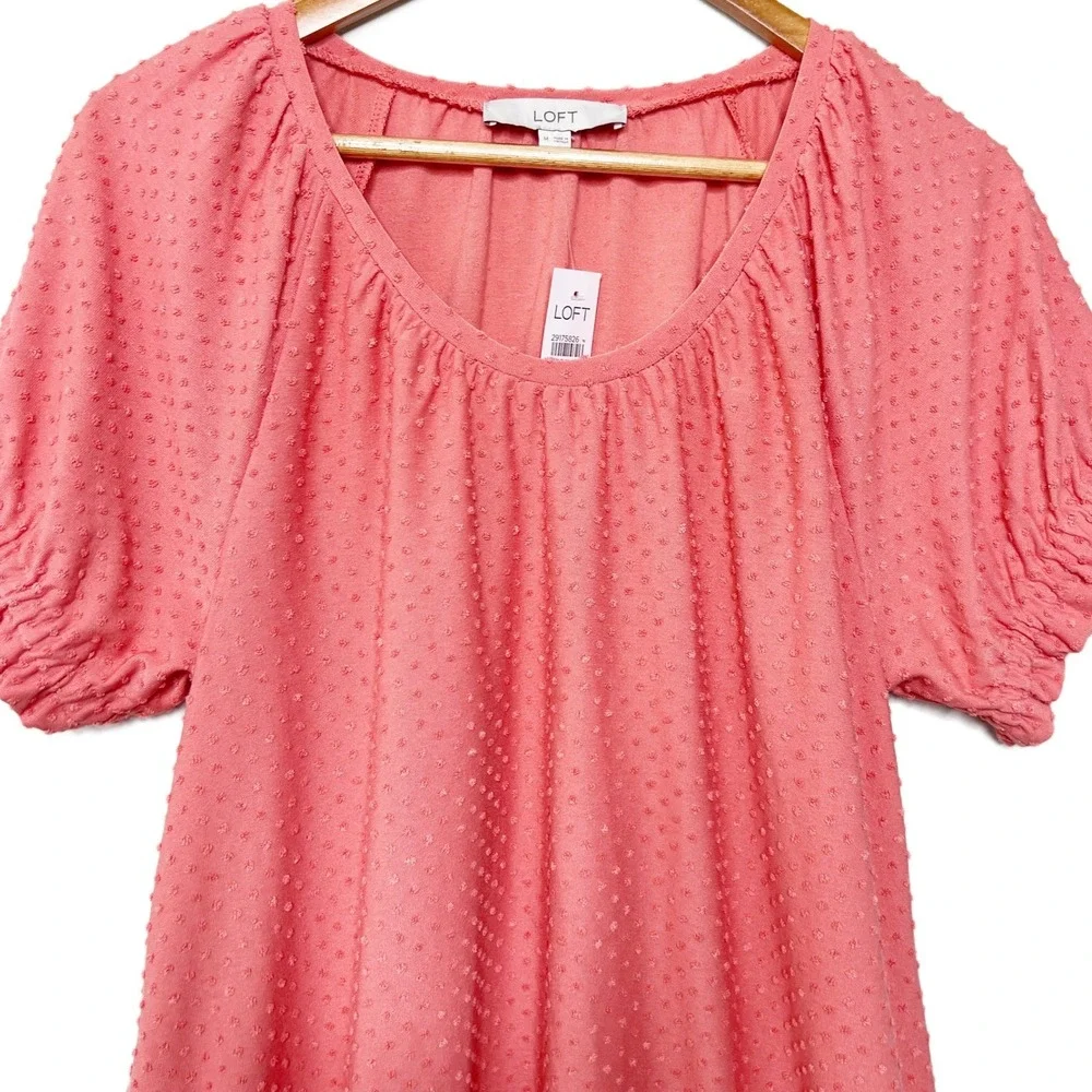 LOFT NWT Women Coral Pink Swiss Dot Short‎ Puff Sleeve Blouse Top Size M